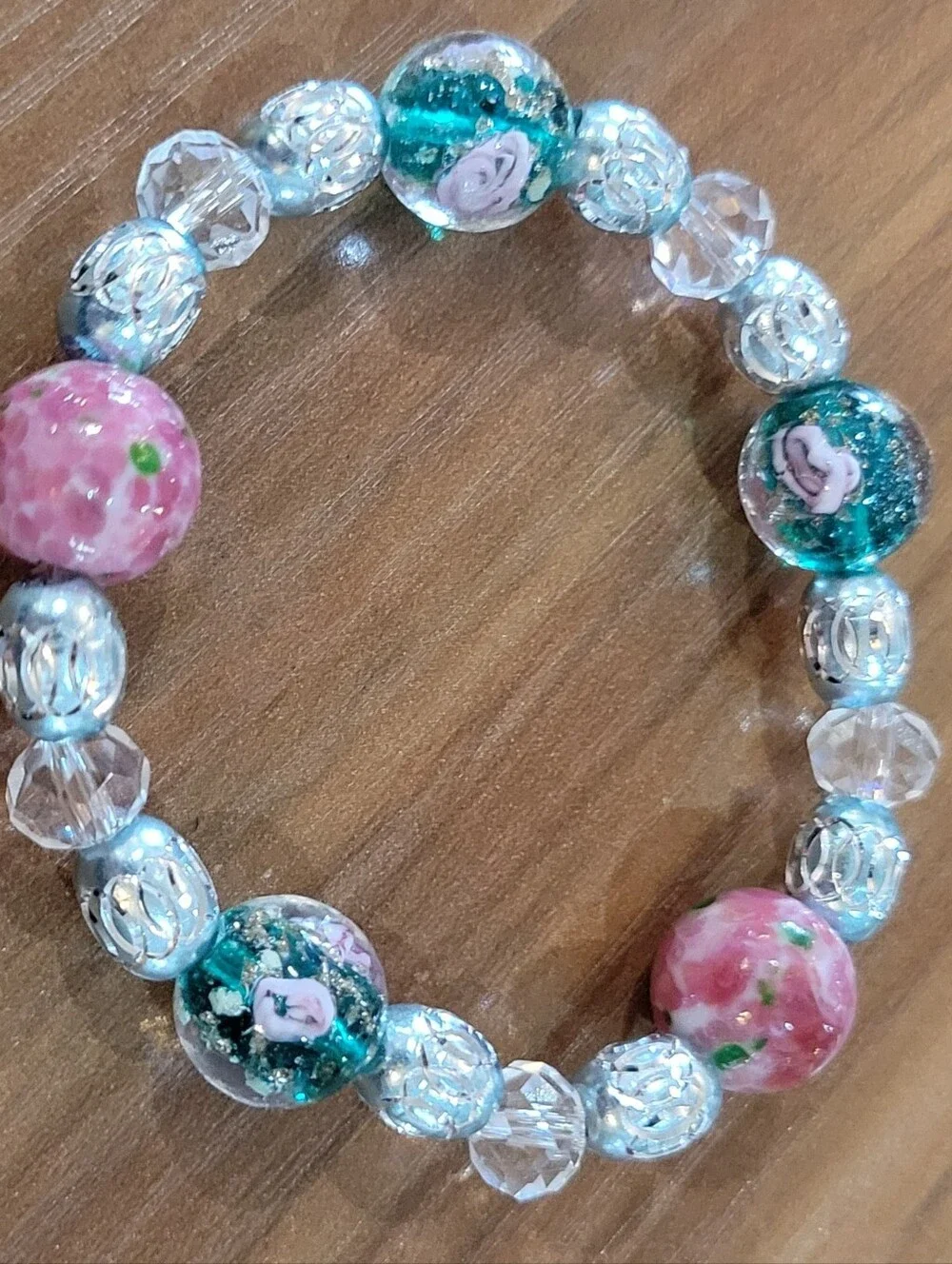 Pink & Teal Floral Bead Stretch Bracelet